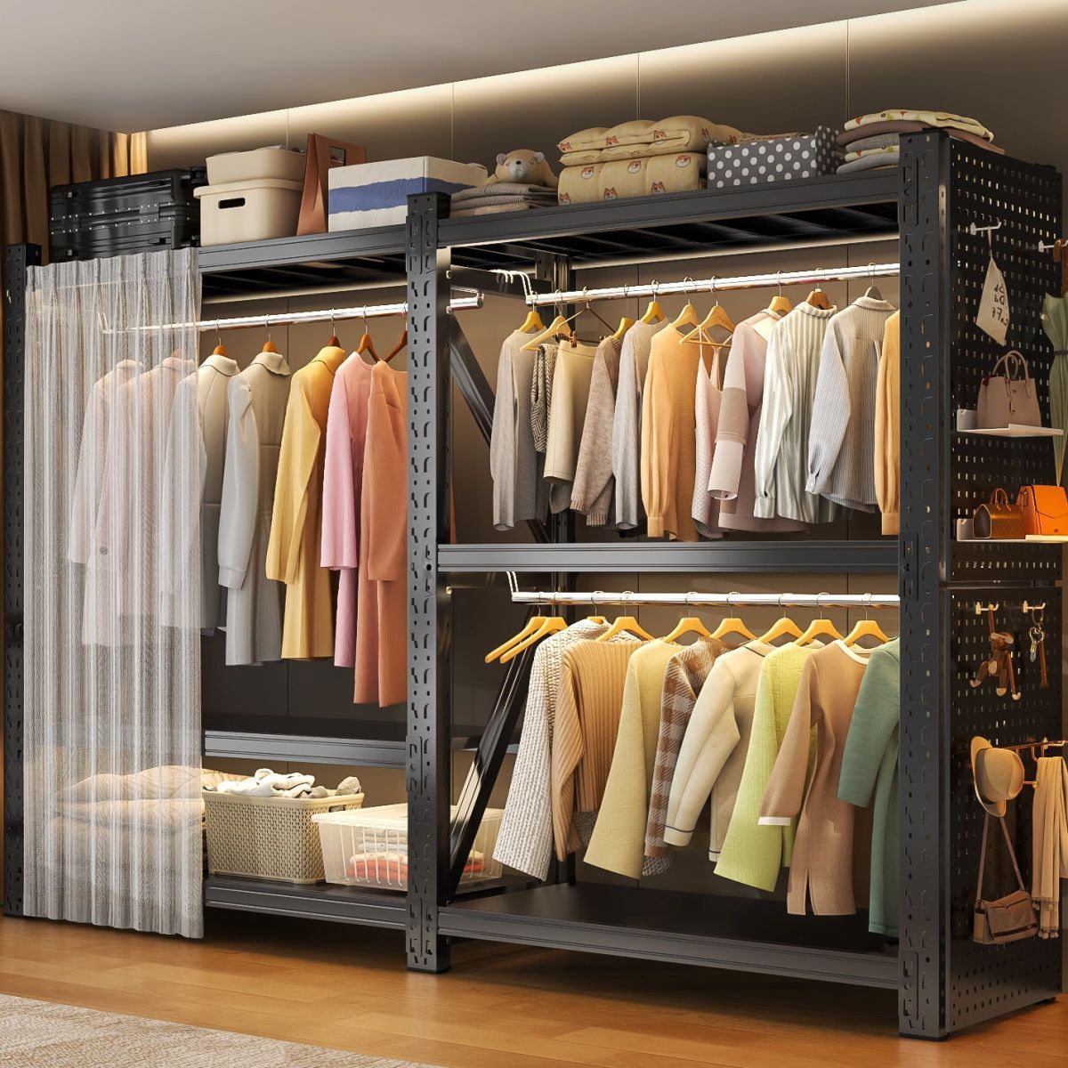 Shelf Wardrobe for Home Bedroom Rental Clothing Storage Simple Wardrobe Floor-Standing Perforated Board Metal Dustproof Clothes Rack