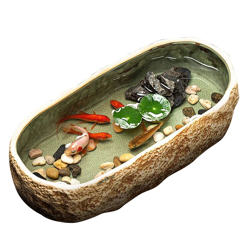 Tanque de peces antiguo, paisajismo ecológico, cuenco, lotus, lenteja de agua, lavabo de cerámica, balcón doméstico, piscina hidropónica, decoración pequeña, piedra de imitación