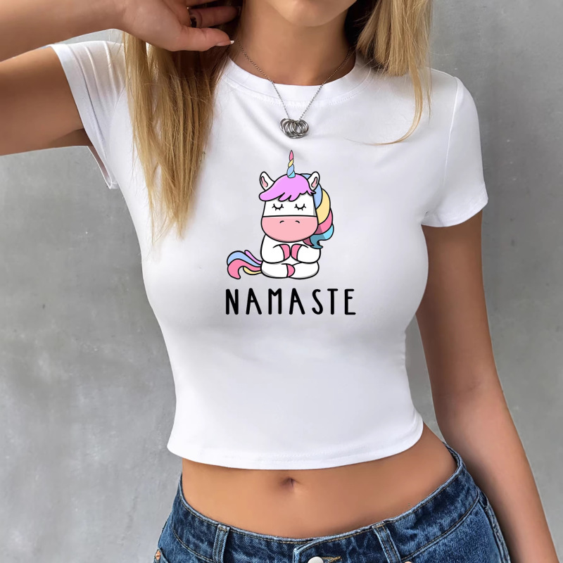Foreign Trade Crop Top T-Shirt Namaste Yoga Unicorn Colored Print Short-Sleeve Top Cross-Border Women's Clothing Foreign Trade Crop Top T-Shirt Namaste Yoga Unicorn Colored Print Short-Sleeve Top Cross-Border Women's Clothing