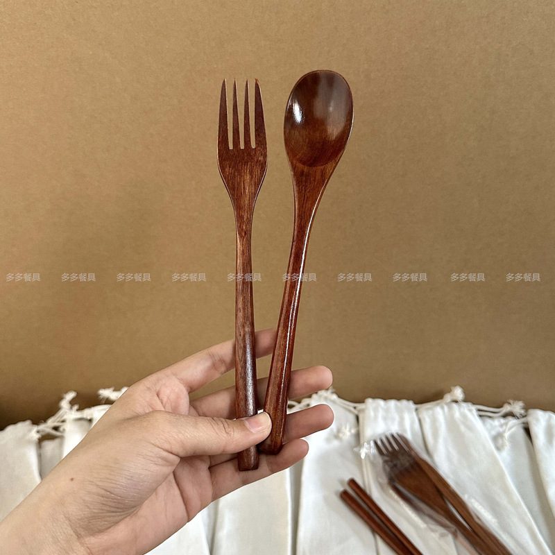 日本式携帯ケース袋スプーンフォーク箸木柄食器学生ランチ箸スプーンフォーク3点セット木スプーン|undefined