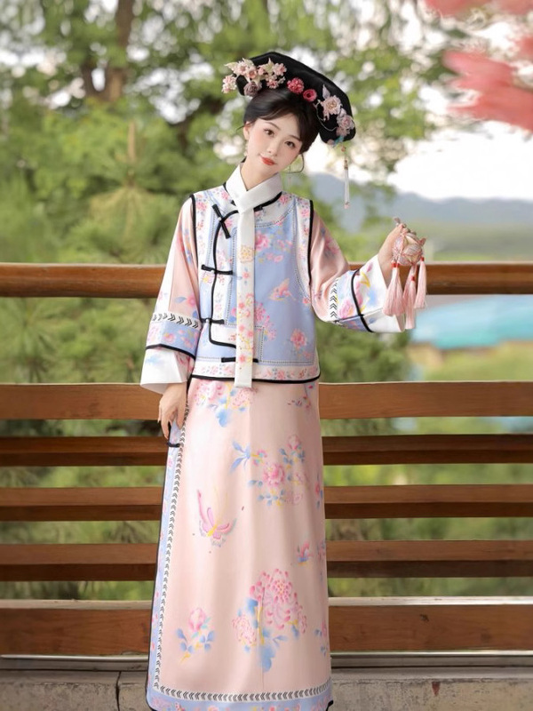 汉服女清代印花古装清朝延吉公主旗袍宫廷格格服两件套旅拍服装女|undefined