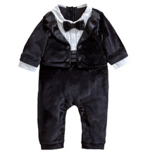跨境西班牙风男宝宝连体包屁衣周岁拍照金丝绒婴幼儿假两件礼服