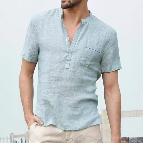 New Cotton Linen Short Sleeve Men's T-Shirt Stand Collar Button-Down Half-Open Front Simple Short Sleeve Shirt Men's Summer Solid Color Thin Model