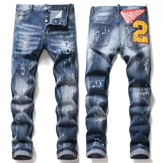Foreign Trade European Size Men's Jeans Ripped Paint Splatter Slim Fit Distressed Patches Stretch Jeans Vintage Tall Men's Clothing