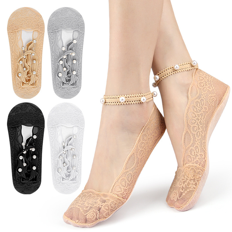 Pearl Boat Socks Summer Thin Versatile Lace Deep Mouth Invisible Socks Women's Pearl Lace-Up Non-Falling Invisible Socks
