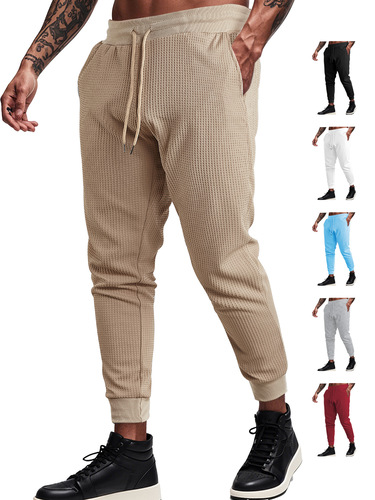 Men's European and American Cross-border Summer Sports Casual Loose Breathable Solid Color Checkerboard Tied Rope Long Pants Leisure Pants