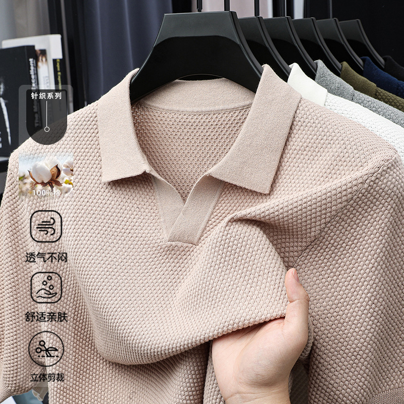Algodón transfronterizo camiseta polo de manga corta hombre camiseta de punto de cuello en V casual base universal camiseta de hombre de manga corta T-shirt