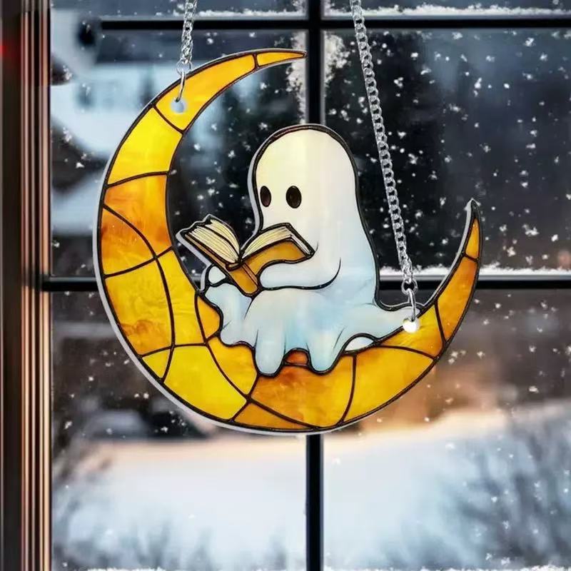 Nuevos productos transfronterizos Halloween lindo fantasma Sun Catcher pequeño fantasma 2D plano acrílico ambiente festivo adornos