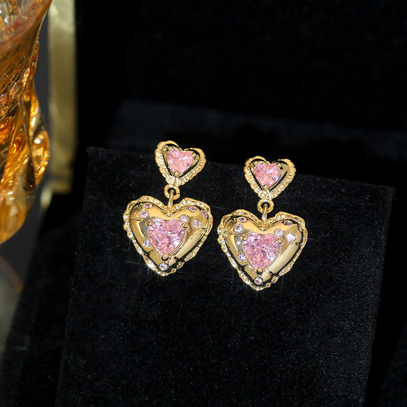 1 Pair Sweet Simple Style Heart Shape Plating Inlay Copper Rhinestones Drop Earrings display picture 2