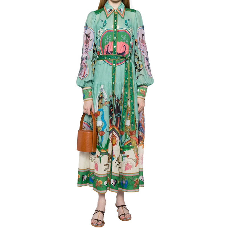 Women's Dress With Personalized Graffiti Lantern Sleeves, Printed Lapel, Cinched Waist And Large Swing_ecoleips.com