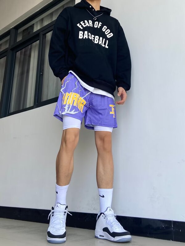 American basketball shorts fashion brand knee loose casual trendy four-point men's sports breathable quick-drying mesh training