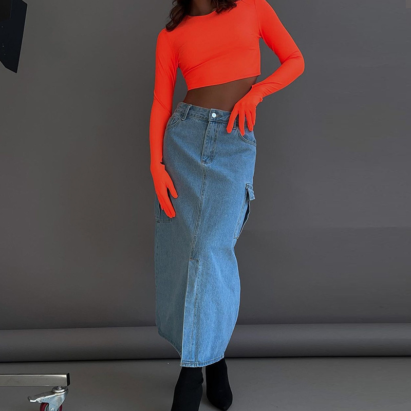 Damen 2024 Sommer Neue Mode Einfarbig Slim Fit Offene Nabelschnur Rundhals Langarm Handschuh T-Shirt Top_voghion.com