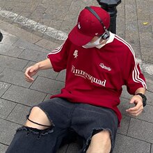 2024年国潮美式复古球衣V领短袖T恤男女oversize宽松印花中袖上衣