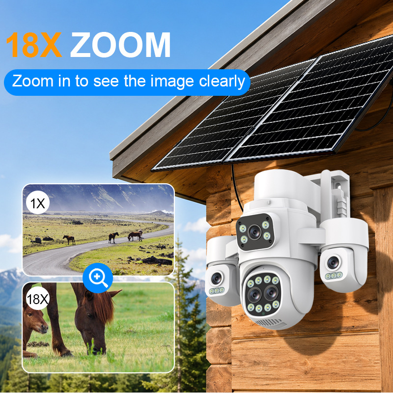 Hieasy cuatro imágenes 18X zoom 24h monitor 360 remoto 4G inteligente visión nocturna AOV cámara solar