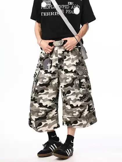 New camouflage work pants for men, three-dimensional, fashionable, versatile, trendy, high-end, loose and casual cropped pants for men