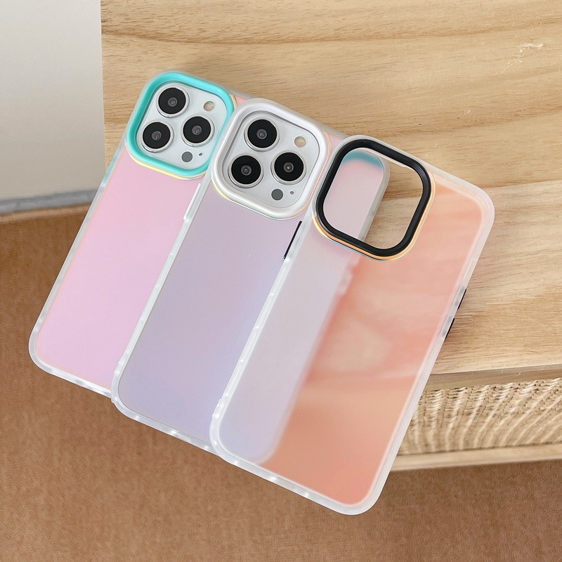 適用iPhone15鐳射漸變手機殼磨砂蘋果13PRO透明彩色鏡頭框11炫彩