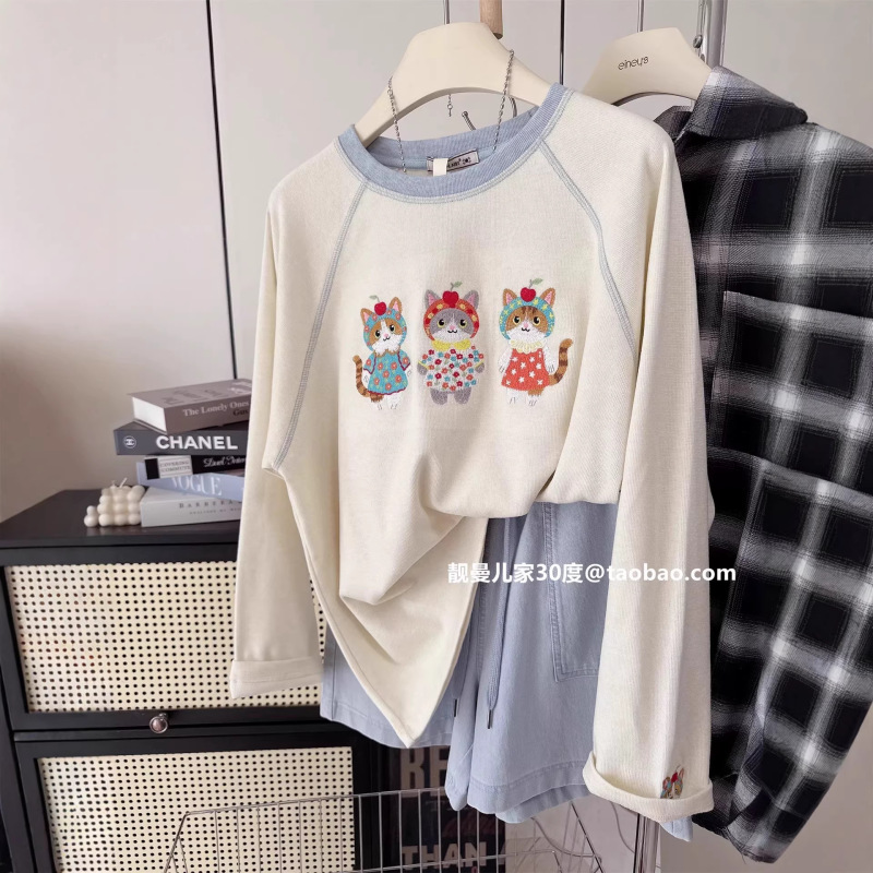 Heavy Embroidery Three Small Flower Cats Pure Cotton New Style Women's Long-Sleeve T-Shirt Korean Version Casual Fashion Loose Large Size Round Neck Heavy Embroidery Three Small Flower Cats Pure Cotton New Style Women's Long-Sleeve T-Shirt Korean Version Casual Fashion Loose Large Size Round Neck