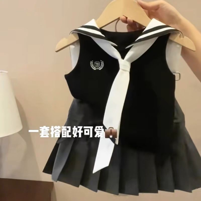 Girls' Preppy Style Casual Skirt Suit for Small and Medium-Sized Children Summer New Style Doll Collar Sleeveless Top and Skirt Two-Piece Trendy Set