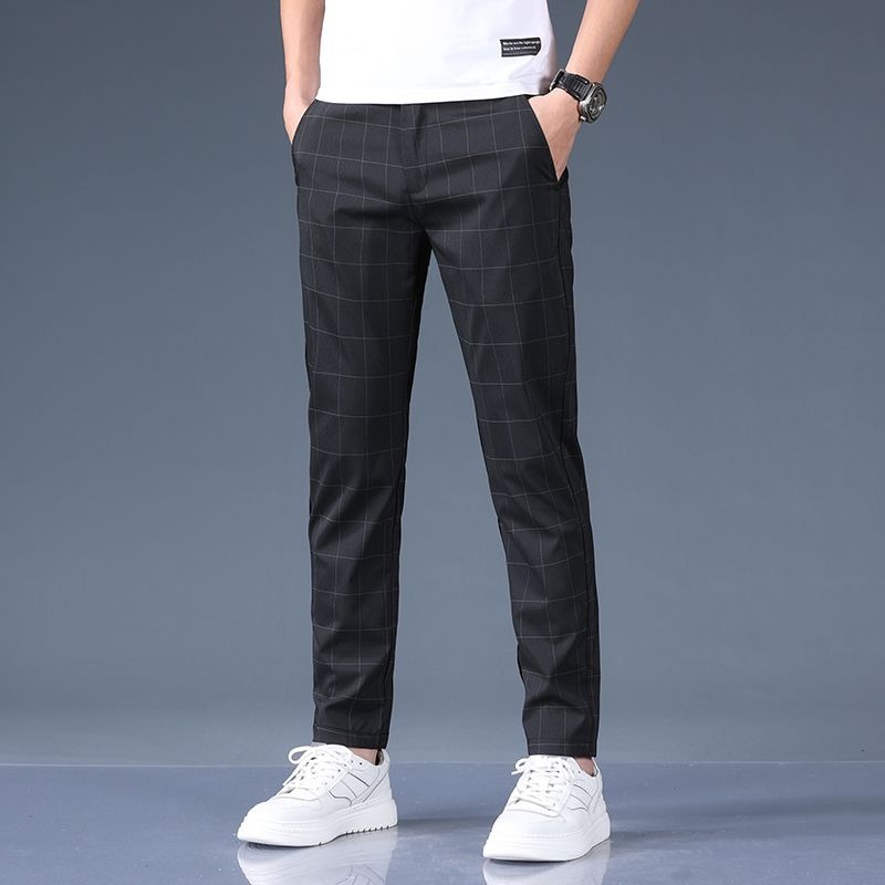 Men's Straight Leg Trousers, Premium Checkered Pattern Business Casual Pants For Spring Summer_viptrois.com