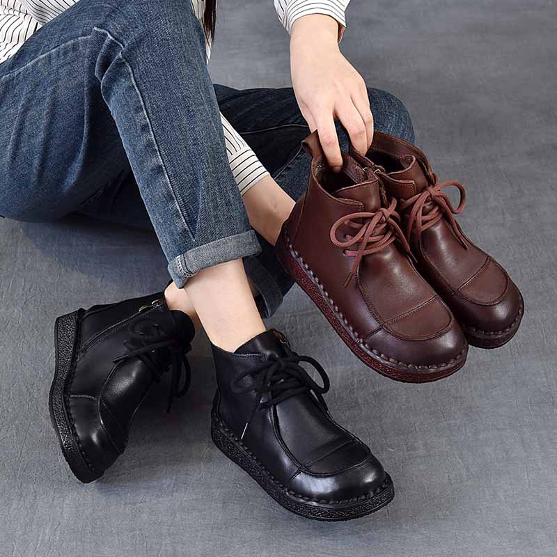 Autumn and Winter New Style First-Layer Cowhide Retro Soft-Soled Short Boots Plus Velvet Winter Cotton Boots Casual Versatile Flat-Soled Women's Boots