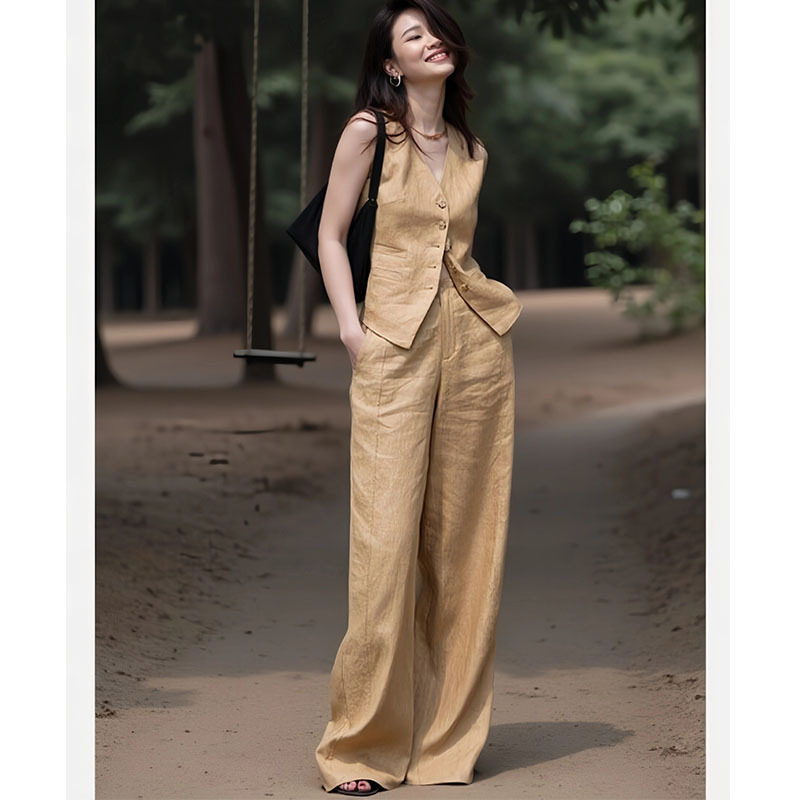 Shenzhen 2025 New Nanyou Women's European High-End Fashion Cotton Linen Suit Vest Wide-Leg Pants Suit for Women Shenzhen 2025 New Nanyou Women's European High-End Fashion Cotton Linen Suit Vest Wide-Leg Pants Suit for Women