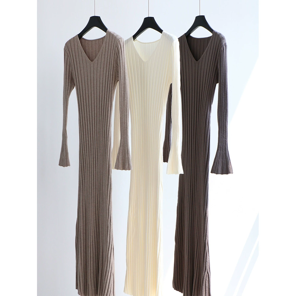 Вязаное платье с широким вырезом, осенне-зимняя базовая юбка из модала и хлопка, пояс, юбка средней длины, приталенная Универсальная