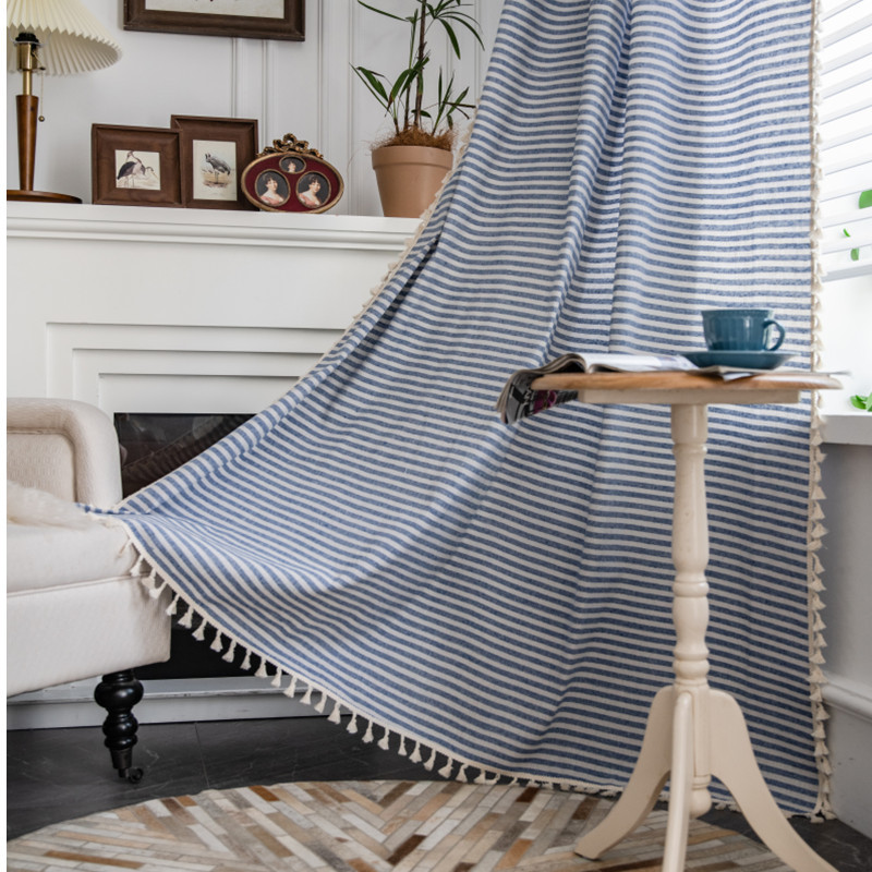 Le Xuan Show Curtain Finished Product Wholesale INS Striped Cotton and Linen Tassel Curtain American Style Kitchen Curtain Cotton and Linen Semi-Blocking Curtain