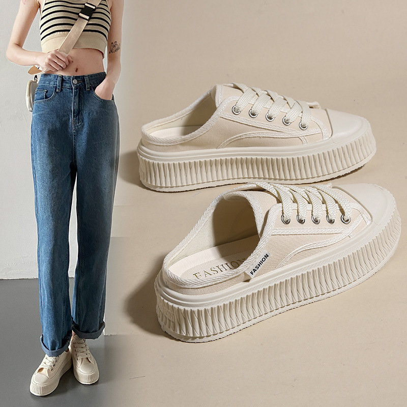 2024 verano nuevos zapatos de galleta ins moda versión coreana de todos los zapatos de lona de arrastre medio zapatos casuales de estudiante de suela gruesa_voghion.com