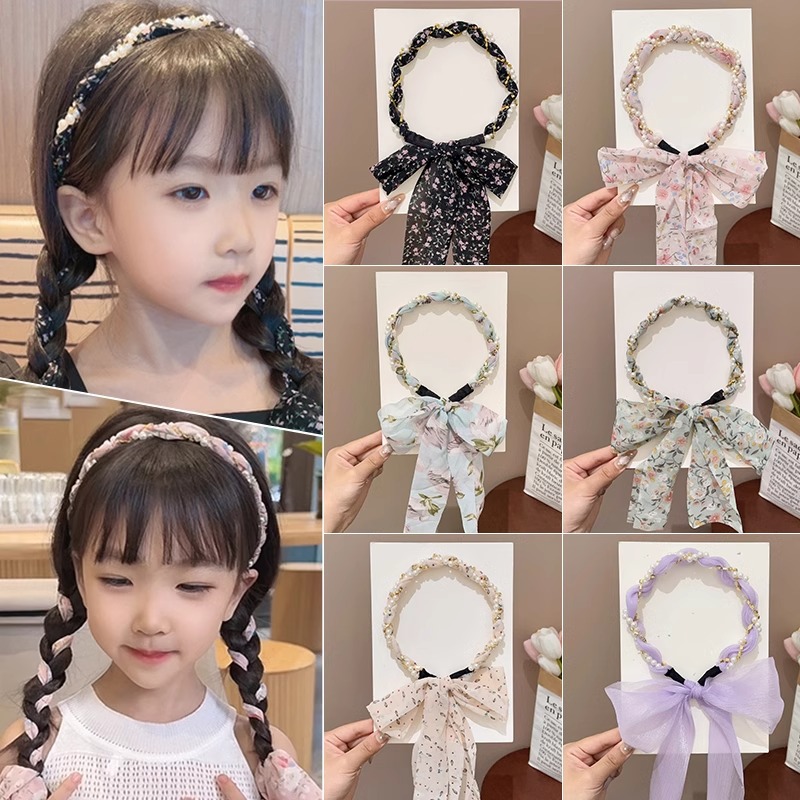 Niños flores trenzadas flotantes bandas de cabello 2025 nuevas niñas bufandas de seda un cabello bandas de cabello tarjeta de cabello tocado