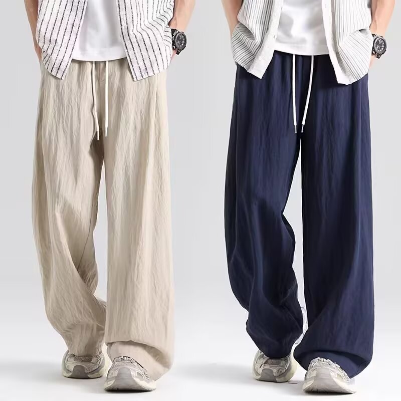 Straight Drawstring Casual Pants for Men, Loose Wide-Leg, Solid Color, Versatile, Simple, Comfortable, Workwear, Summer, Retro Long Pants