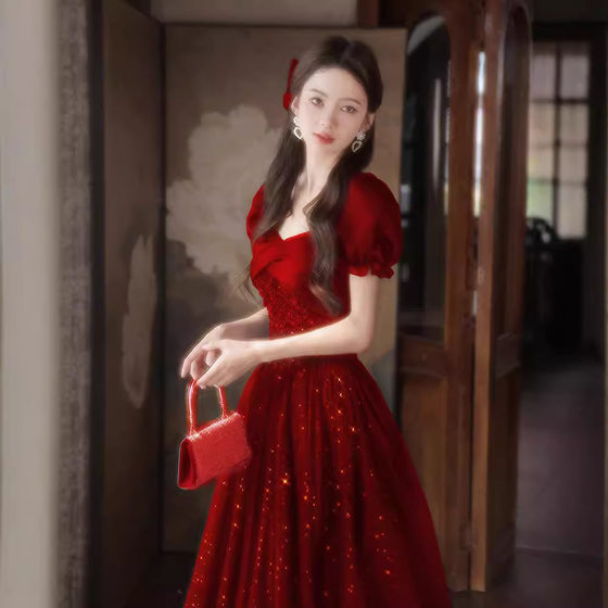 French Toast Dress Bride 2025 Wedding wine red Engagement Dress Light Luxury Niche Splash Fairy Banquet Dress