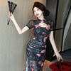 Retro sexy short sleeved hollowed out printed split cheongsam dress