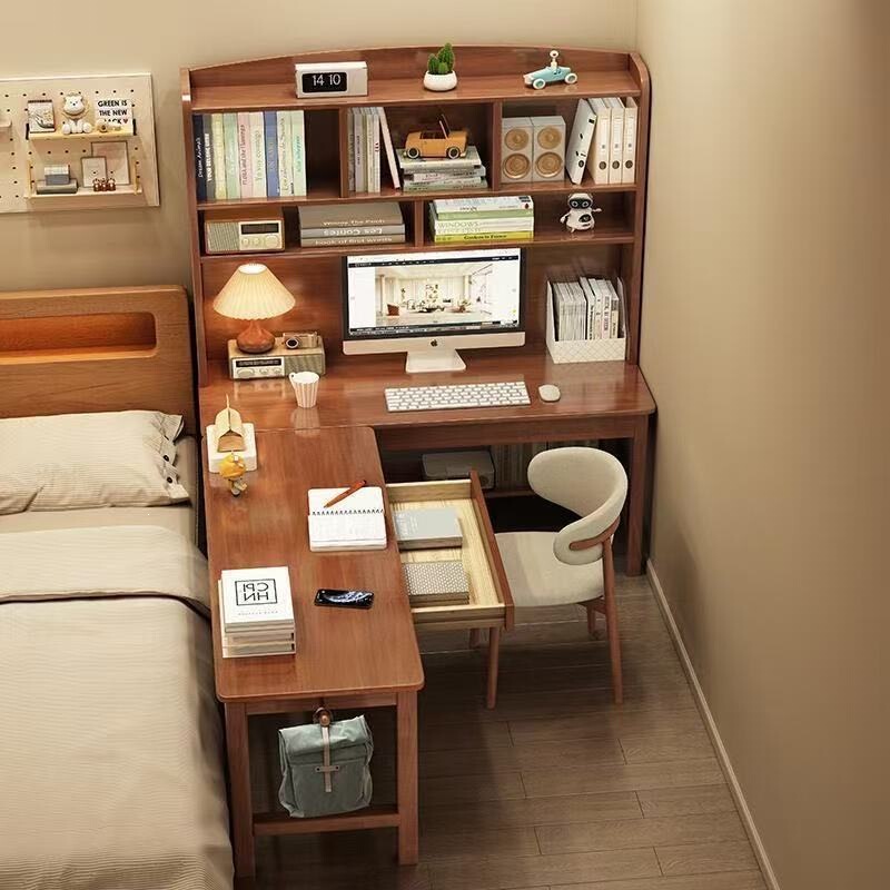 Solid Wood Corner Desk with Bookshelf, Integrated Table for Bedroom, L-Shaped Semi-Enclosed Computer Desk, Bookcase Combination, Writing and Study Desk