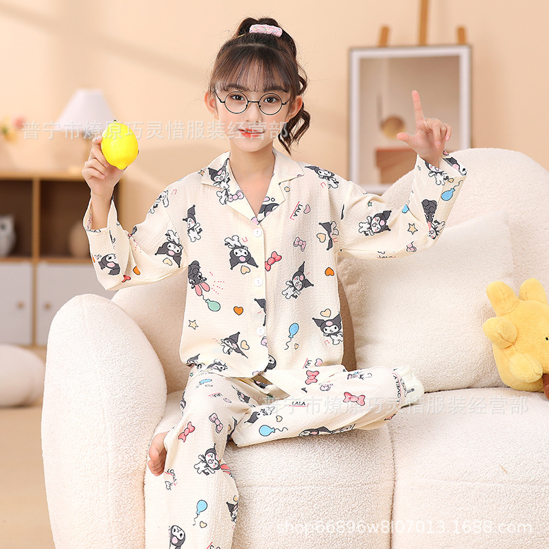 Pijama de niñas primavera y otoño dibujos animados tela espuma de tela delgada manga larga lindo ropa para niños de tamaño medio y grande ropa para el hogar