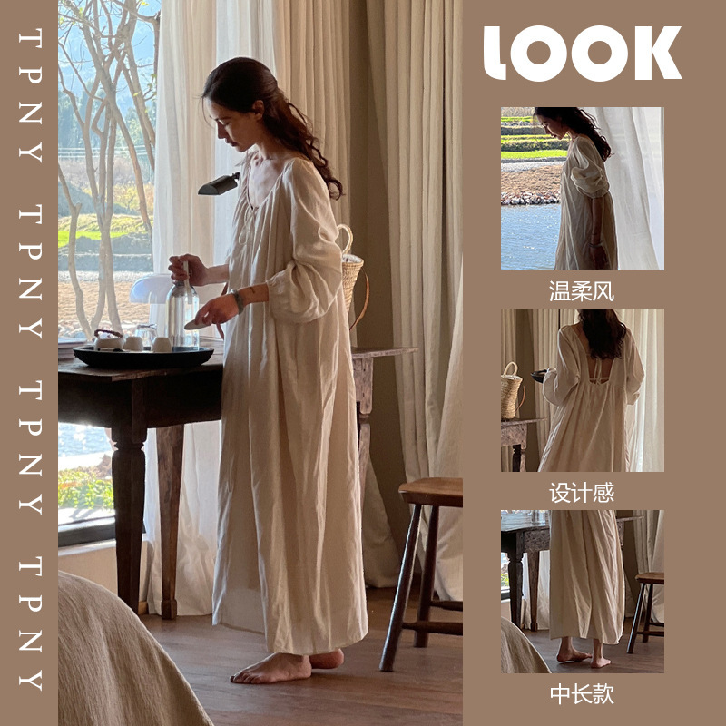Girl's sweet gentle nightdress long-sleeved pajamas women's spring and autumn dress new high-end home dress