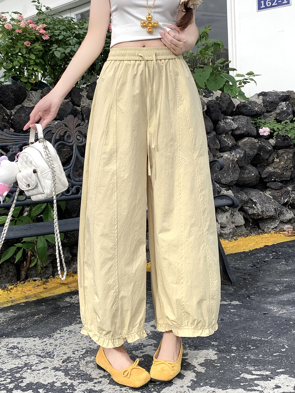 藏青色边灯笼裤女夏季薄款高腰休闲裤宽松显瘦百搭阔腿九分裤|undefined
