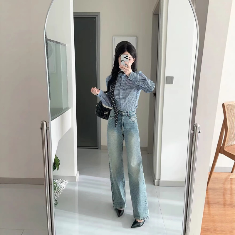 Original Product Spring 2026 Rhinestone High-Waisted Straight-Leg Vintage Gray-Blue Denim Pants