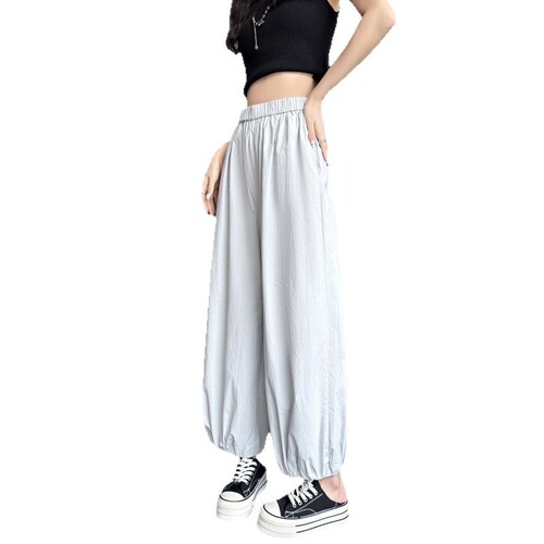 White Wide-Leg Lantern Pants for Women, Summer Thin Loose Fitting Slimming Harlon Pants with Relaxed Feel Sun Protection Nine-Month Pants Yamamoto Pants