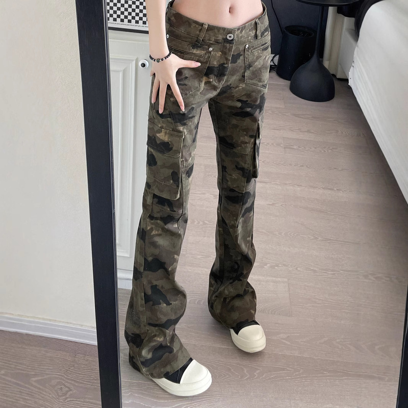 American Style Spice Girl Washed Vintage Camouflage Tooling Micro-flared Jeans Men's and Women's Hip-hop Loose Pendant Trendy Pants