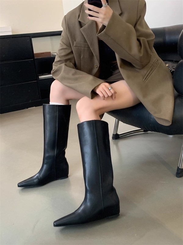 现货~内增高5cm尖头棕色美拉德中筒骑士靴女鞋2025新款长筒长靴子|undefined