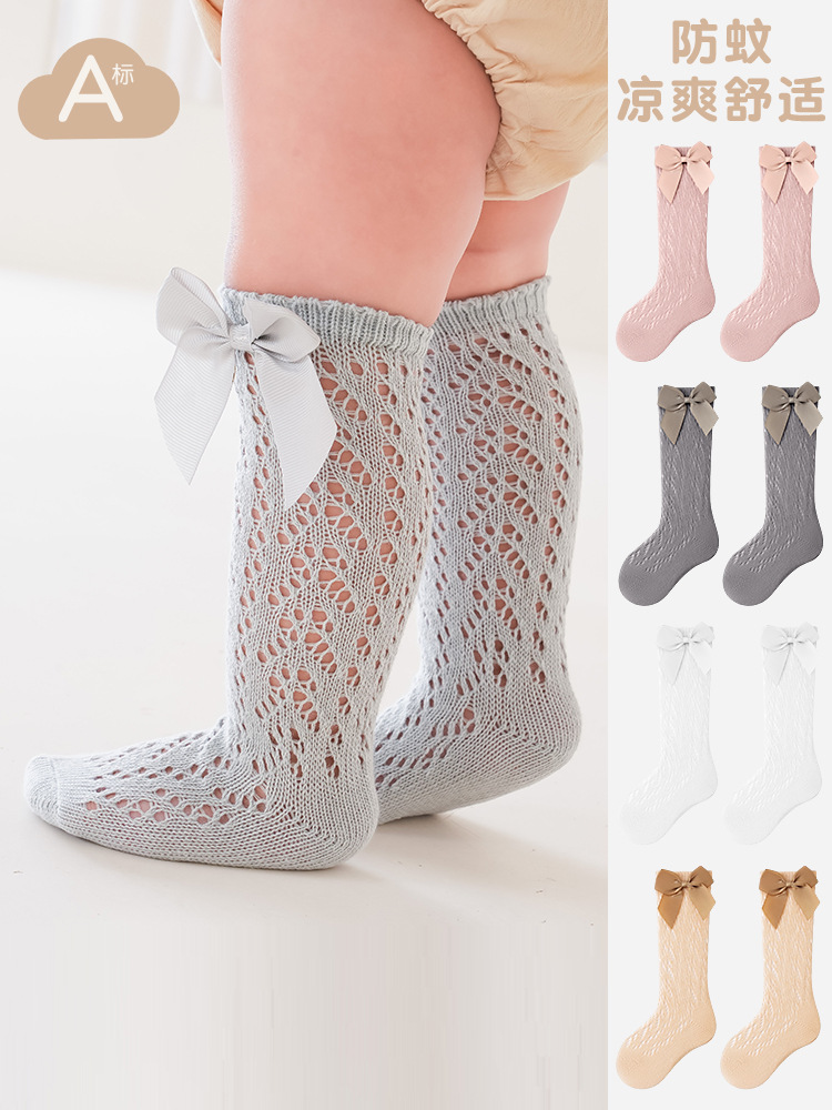 Calcetines de Media Pantorrilla con Estampado de Transferencia y Lazo para Primavera/Verano 2026, Calcetines Transpirables de Malla para Bebés, Calcetines Infantiles Españoles