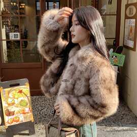 冬季感复古小众狐狸毛皮草外套女翻领毛毛短款夹克外套