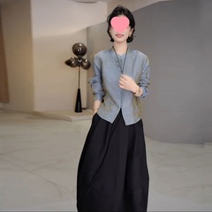 中式减龄套装女秋装新中式单排扣提花上衣+半身裙+飘带马甲三件套