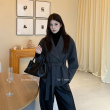 LS述致 赫本风高级感双面呢外套女2025冬新款系带羊绒大衣 61201#