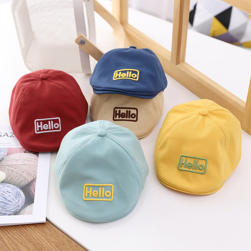 Hello embroidered infant beret letter baby hat British style baby beanie cotton hat 6-18 months