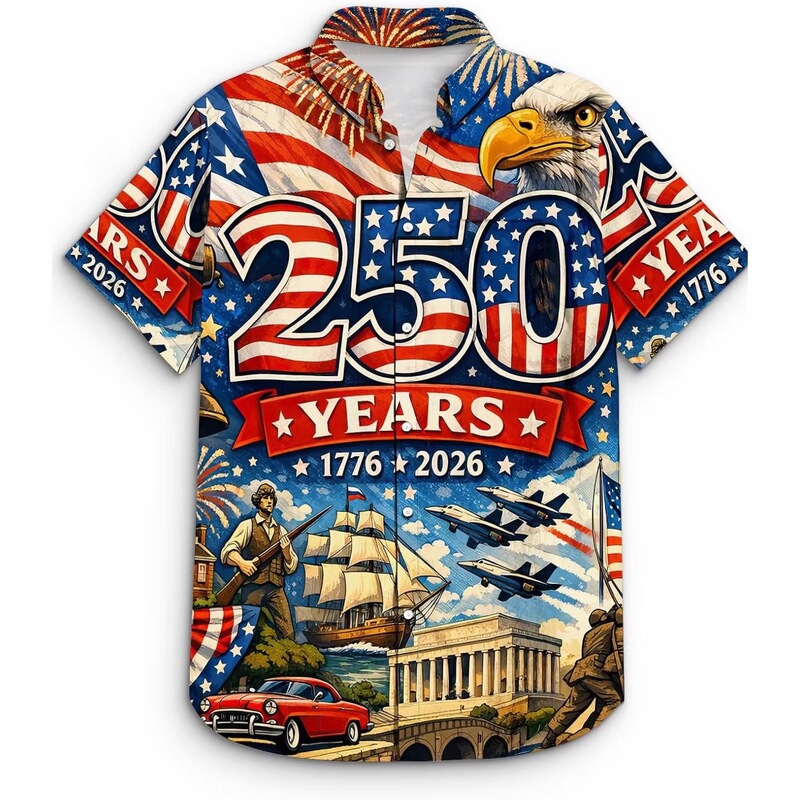 Foreign Trade American 250Th Anniversary Commemorative Hawaiian Shirt with Flag Print, Retro Casual Short-Sleeve Collared Top