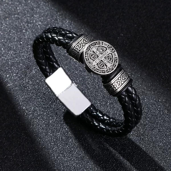 Cross-border Popular Titanium Steel Cross Pattern Light Luxury PU Woven Hand Rope Men's Advanced Sense Personalized Simple Handwear