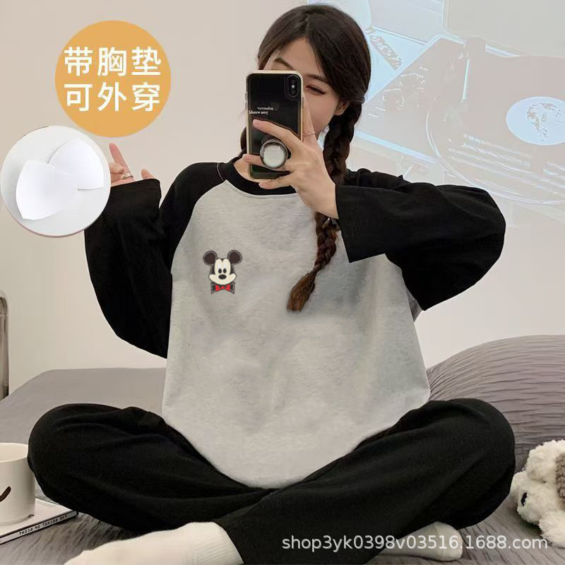 跨境2025新款睡衣女款春秋带胸垫长袖薄款大码秋季一体家居服套装|undefined