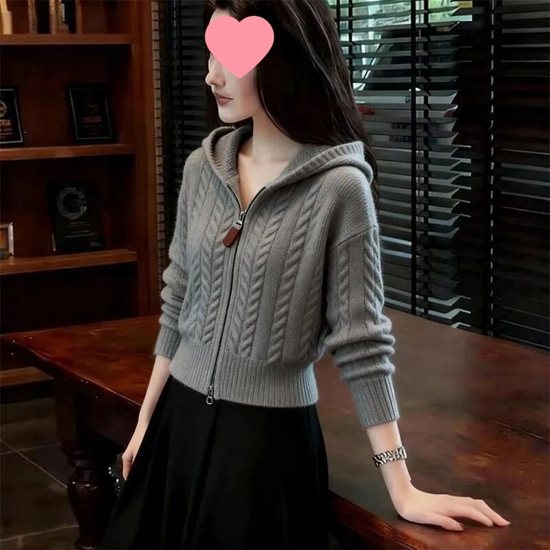 Korean-style gray cable-knit zip-up hooded cardigan for women, autumn and winter, solid color, versatile, fashionable, short sweater jacket