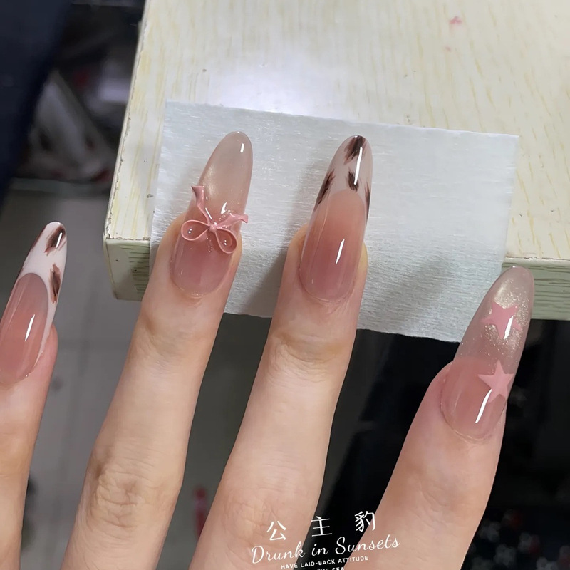 Handmade Inverted Bow Leopard Print French Cat Eye Manicure Purely Handmade Wearable Manicure Nail Patches